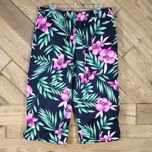 Methode Crop Pants Womens 12 Floral Tropical Hibiscus Stretch Cotton Black Pink